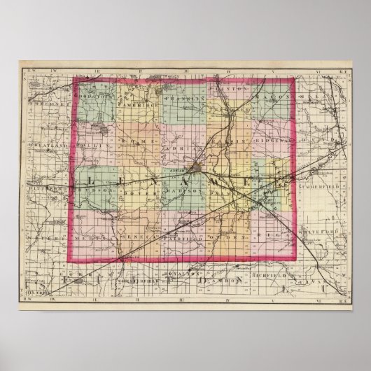 Karte des Landkreises Lenawee, Michigan Poster (Vorne)