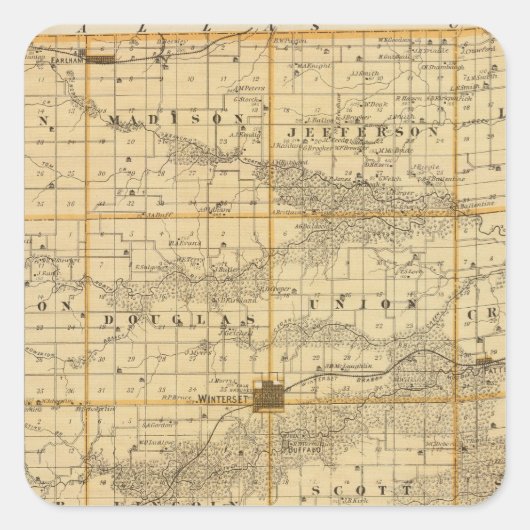 Karte des Landkreises Madison, Staat von Iowa Quadratischer Aufkleber (Vorderseite)