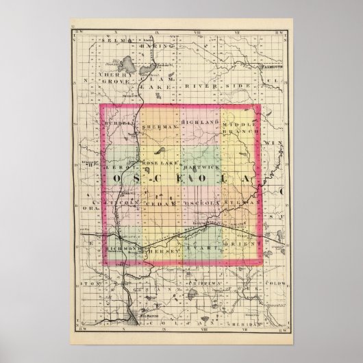 Karte des Landkreises Osceola, Michigan Poster (Vorne)