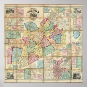 Karte des Landkreises von Norfolk, Massachusetts Poster