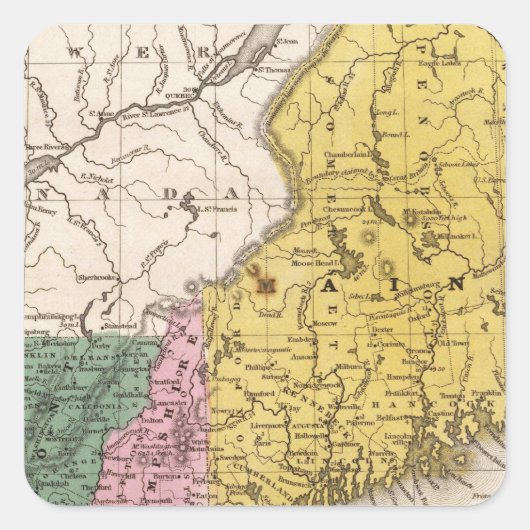 Karte des neuen England oder der östlichen Staaten Quadratischer Aufkleber (Vorderseite)