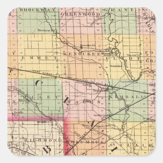 Karte des St Clair Landkreises, Michigan Quadratischer Aufkleber (Vorderseite)