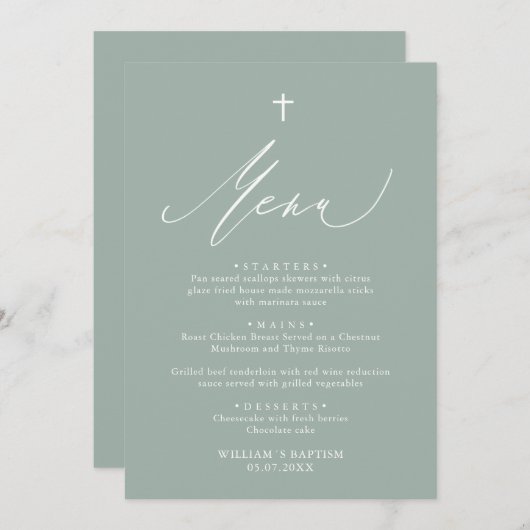 Karte des Taufens-Menüs "Sage Green White Cross Ba (Vorne/Hinten)