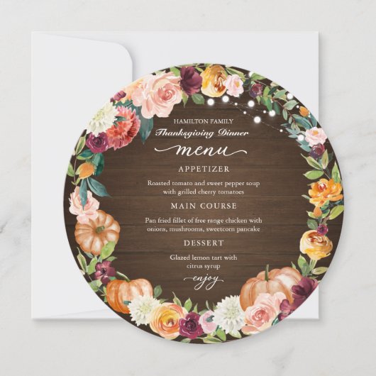 Karte für das Abendessen im Erntedank des Herbstes (Vorderseite)