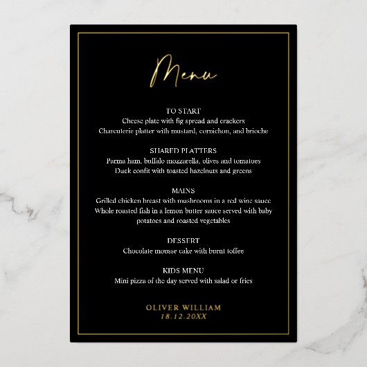 Karte für Taufen in Schwarz, Weiß und Gold Foil (Vorderseite)