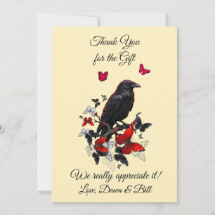 Karte Gothic Raven Danke mit roten Schmetterlingen