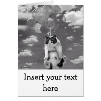Karte: Lustiges Katzenfliegen mit Ballonen