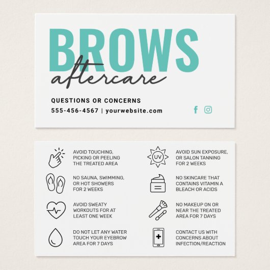 Karte mit den aquamarinen Brows Aftercare PMU-Knoc (Vorne & Hinten)