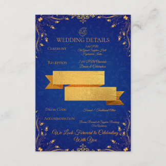 Karte mit Details zur Royal Blue und Gold Hochzeit
