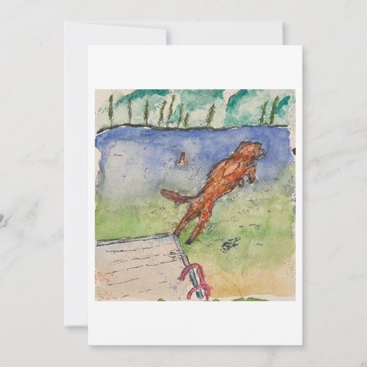 Karte mit Hund, der von einem Steg springt (Vorderseite)