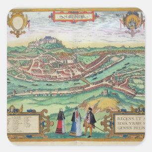 Karte Salzburgs, von 'Civitates Orbis Terrarum' b Quadratischer Aufkleber