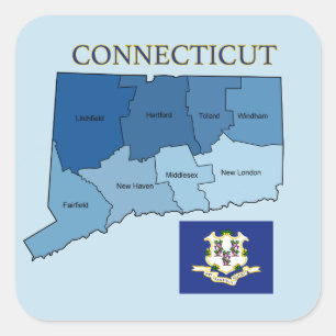 Karte und Flagge von Connecticut mit Landkreisen Quadratischer Aufkleber