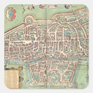 Karte von Augsburg, von "Civitates Orbis Terrarum" Quadratischer Aufkleber