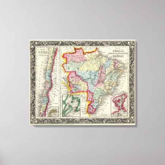 Karte von Brasilien, Bolivien, Paraguay und Urugua Leinwanddruck (Vorderseite)