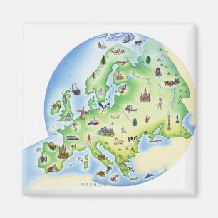 Karte von Europa mit Illustrationen von berühmtem Magnet