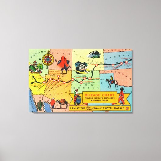 Karte von Fred Harvey Hotel LocationsCA zu KS Leinwanddruck (Vorderseite)