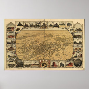 Karte von Fresno, Vogel-Auge View, 1901 Poster