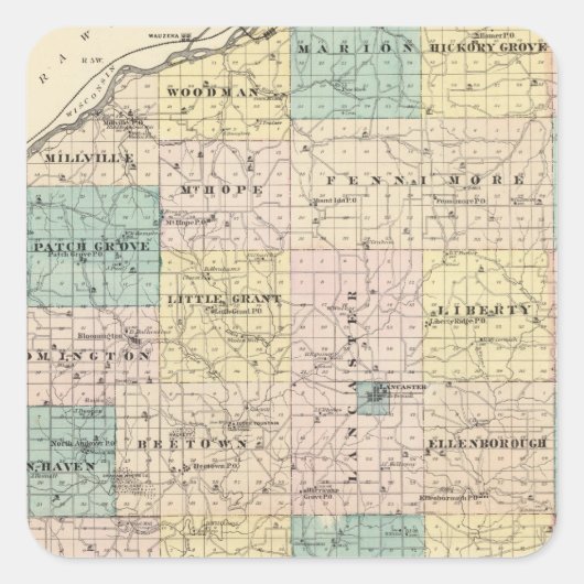 Karte von Grant Landkreis und Dorf von Lancaster Quadratischer Aufkleber (Vorderseite)