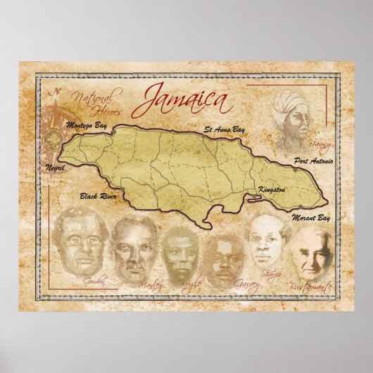 Karte von Jamaika mit Nationalhelden Poster (Vorne)