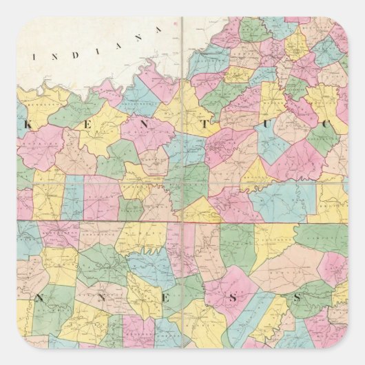 Karte von Kentucky & Tennessee Quadratischer Aufkleber (Vorderseite)