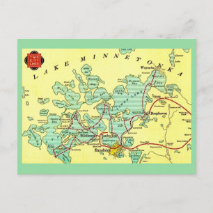 Karte von Lake Minnetonka mit Rand auf Postkarte