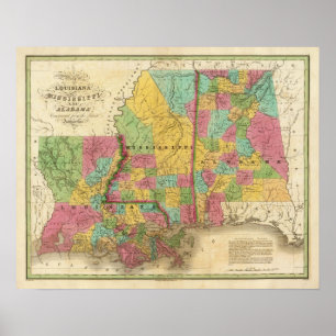 Karte von Louisiana Mississippi und Alabama Poster