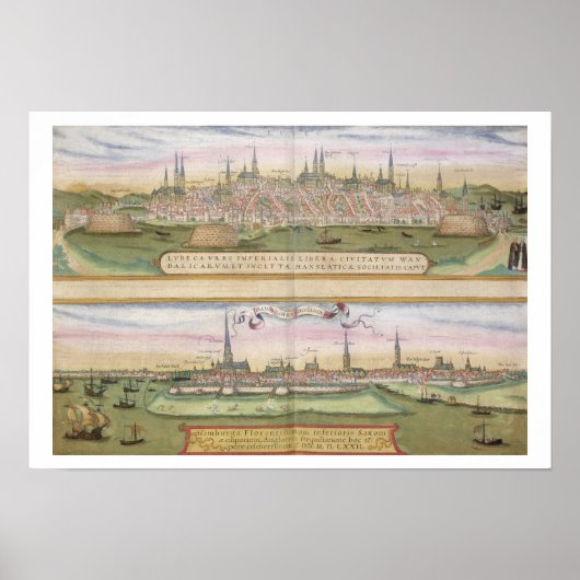 Karte von Lubeck und Hamburg, von 'Civitates Orbis Poster (Vorne)