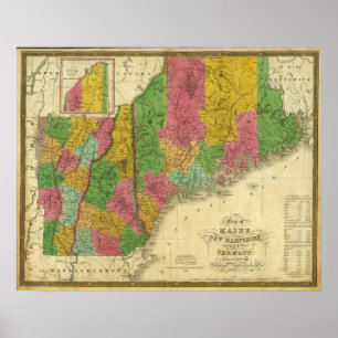 Karte von Maine, von New Hampshire und von Vermont Poster