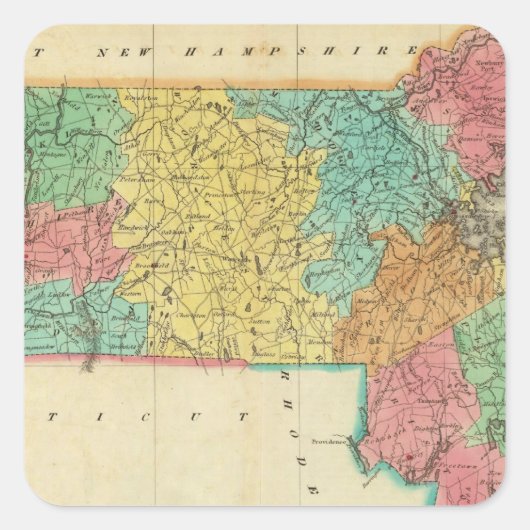 Karte von Massachusetts Quadratischer Aufkleber (Vorderseite)