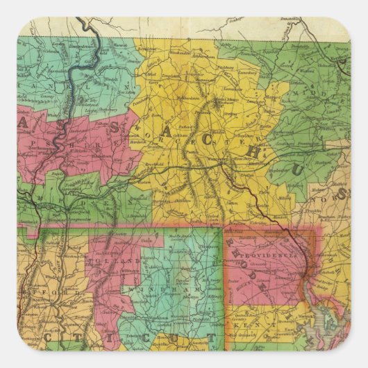 Karte von Massachusetts und Connecticut Quadratischer Aufkleber (Vorderseite)