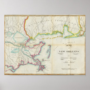 Karte von New Orleans und von angrenzendem Land Poster