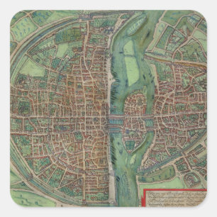 Karte von Paris, von "Civitates Orbis Terrarum" Quadratischer Aufkleber