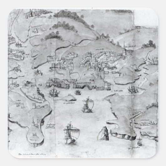 Karte von Plymouth, c.1539 Quadratischer Aufkleber (Vorderseite)