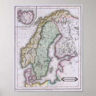 Karte von Skandinavien, von Norwegen, von Poster