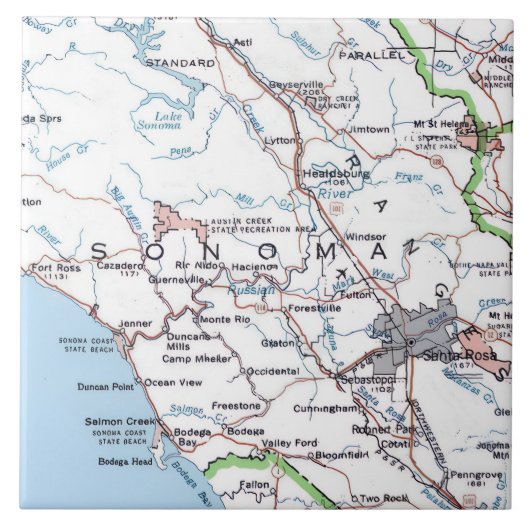 Karte von Sonoma County CA -Blau Fliese (Vorderseite)