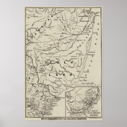 Karte Zululand mit den angrenzenden Grenzen Poster (Vorne)