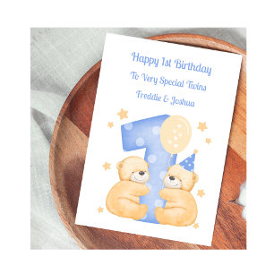 Karte zum 1. Geburtstag Zwillinge Jungen Teddybäre