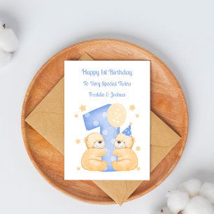 Karte zum 1. Geburtstag Zwillinge Jungen Teddybäre
