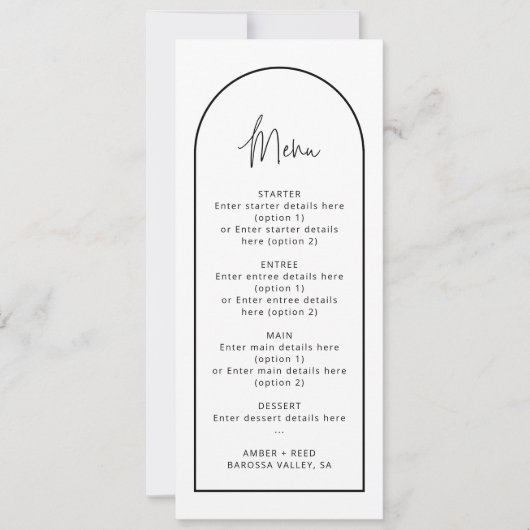 Karte zum Hochzeitsmenü für Schwarz und Weiß (Vorderseite)