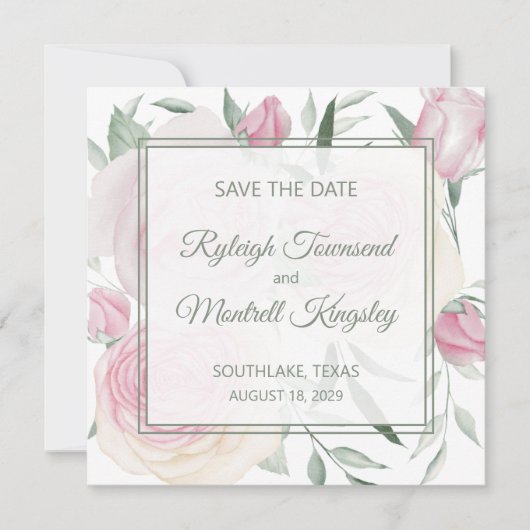 Karte zur Hochzeitsankündigung mit rosa Rose (Vorderseite)