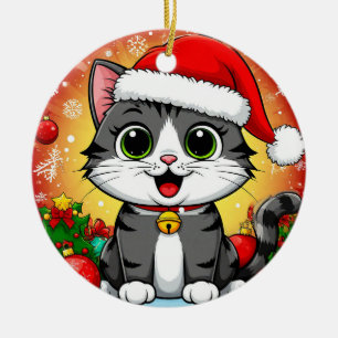 Karteikarte Katze in Santa Hut mit Weihnachtsdekor Keramik Ornament