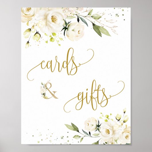 Karten & Geschenke Skript Zeichen Weiße Rosen Laub Poster (Vorne)