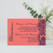 Karten-Marine-Blau-korallenrote Damast-Spitze der Begleitkarte (Stehend Vorderseite)