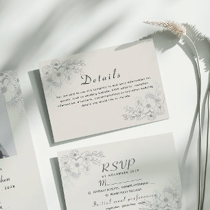 Karten mit Details zur Hochzeit in staubigem Blau
