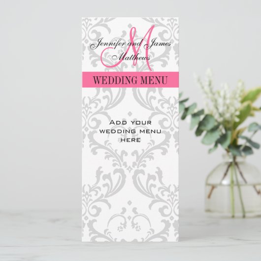 Karten mit Hochzeitsmenü Damask Monogramm rosa (Stehend Vorderseite)