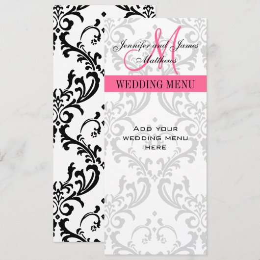 Karten mit Hochzeitsmenü Damask Monogramm rosa (Vorne/Hinten)