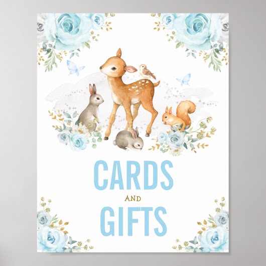 Karten und Geschenke Pastellblauer Blumenwald Tier Poster (Vorne)