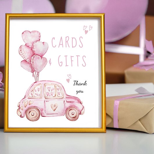 Karten und Geschenke Rosa Balloons und Auto Geburt Poster