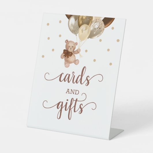 Karten und Geschenke Teddy Bear Brown Gold Balloon Sockelschild (Vorderseite)