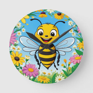 Kartenbiene Bunte Blumen Runde Wanduhr